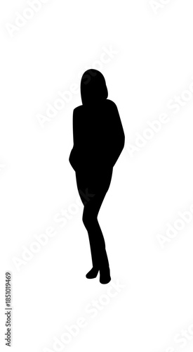 Stylish woman in short casual dress standing with hands in pockets, isolated white background