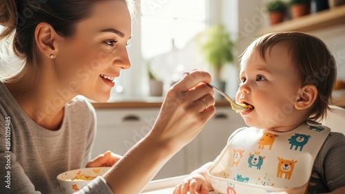 A happy mother feeding her adorable baby solid food in a bright kitchen.
