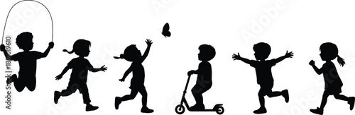 Children silhouettes, playful activity, jumping rope, running, scooter riding, butterfly reach, outdoor fun, black vector, movement, childhood joy