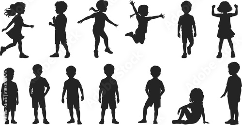Children silhouettes, walking, running, jumping, sitting, standing, playful posture, black vector, body movement, casual pose, expressive, minimal design