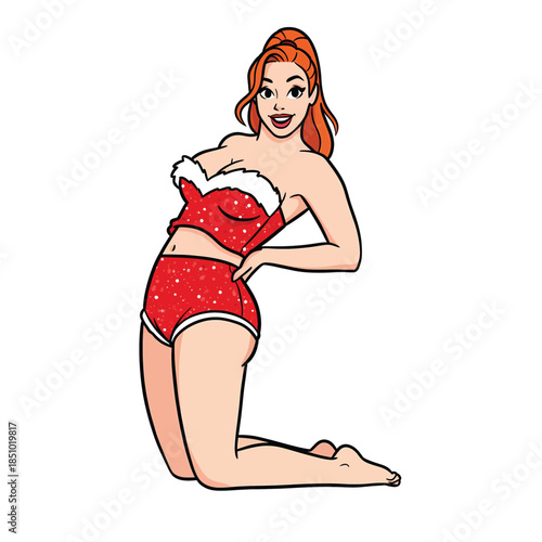 Festive Red Holiday Costume Woman Kneeling in Santa‑Style Outfit, Playful Pin‑Up Vector Illustration