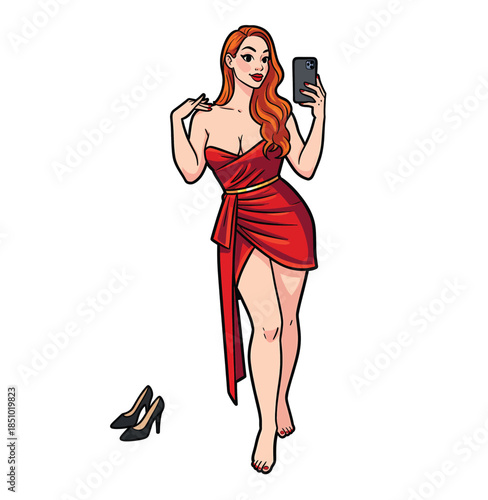 Red‑Haired Woman Taking a Selfie in a Red Slit Dress with Black Heels Nearby  Fashion Vector Illustration