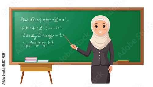 A Muslim teacher in hijab points to a blackboard with mathematical equations, illustrating education and learning