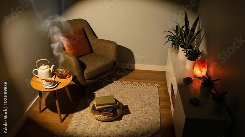Cozy Reading Nook with Tea and Books Still Life.