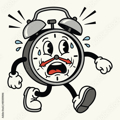 Retro Cartoon Alarm Clock Character Running in Panic Vector