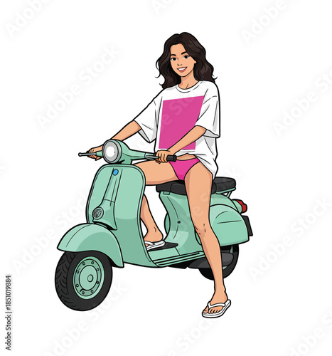 Young Woman on Mint Green Scooter Wearing Oversized Tee and Pink Shorts Summer Lifestyle Vector Illustration