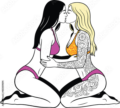 Romantic lesbian couple with tattoos kissing while wearing lingerie vector illustration