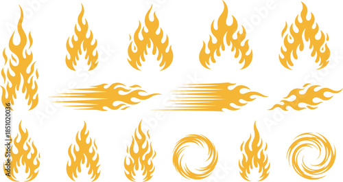 Yellow-orange pixel flame icon set, upright and swirling fire shapes, vector illustration for heat, energy, tattoo, and graphic design