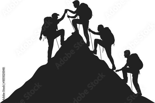 Mountain climbers silhouettes, teamwork, hiking, climbing gear, outdoor adventure, helping hand, peak ascent, black vector, motivation, mountaineering, support