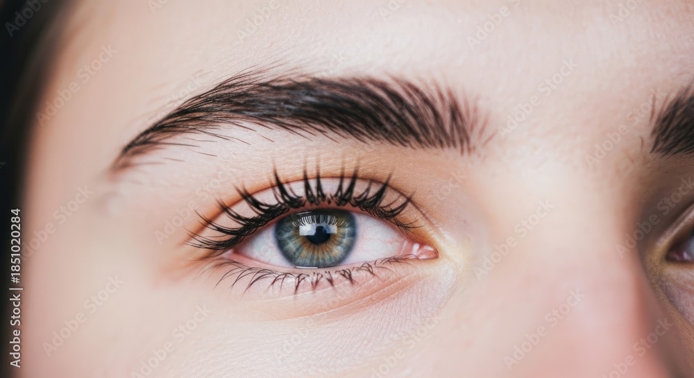 Obraz premium Close up of a human eye with long lashes and well-defined eyebrows