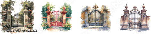 Watercolor gates painting set. Atchitecture concept illustration isolated on white