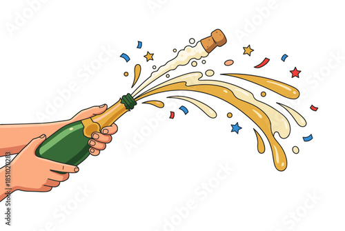 Hands opening champagne bottle popping cork celebrating success