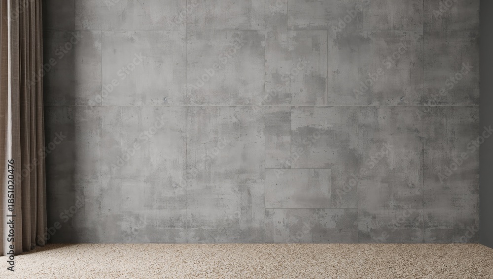Fototapeta premium Interior Composition with Textured Wall, Neutral Curtain, and Plush Carpet Backdrop.