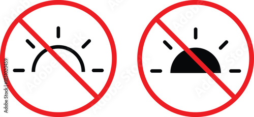 no sun icon. Sunlight Restricted Icons. No sun symbol. UV protection graphic design. Sunshine forbidden icons. Forbidden Sunshine Symbols
