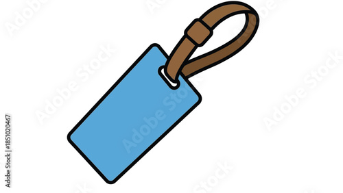 Simple blue luggage tag with brown strap.