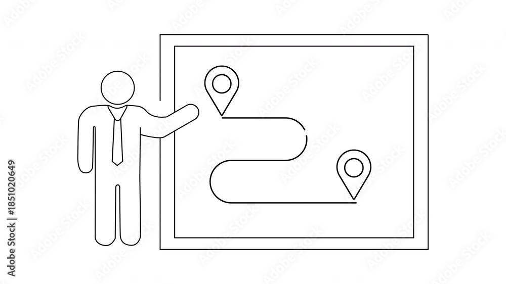 Man points to a map with two location pins and a route between them ...