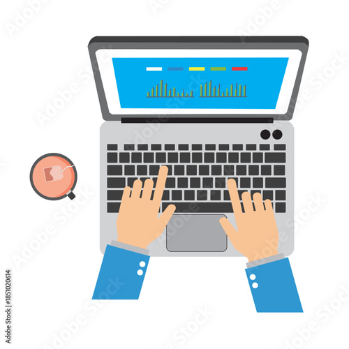 Character typing on laptop with sales report on screen. Mapping budget and making sales. Economy growth concept. Flat isometric vector illustration