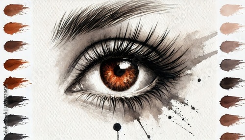 Brown human eye watercolor illustration with makeup color swatches, ink splashes and detailed eyelashes, beauty and cosmetics concept