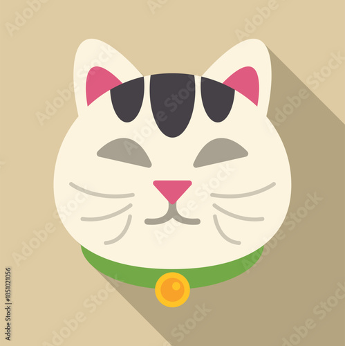 Japanese smiling lucky cat face illustration with a green collar and bell