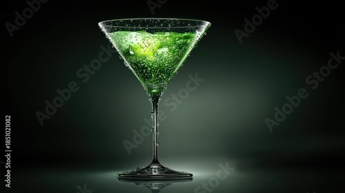 A martini glass holding icy emerald cocktail glowing subtly beneath focused rim light. Droplets cascade along stem, shimmering photorealistically.