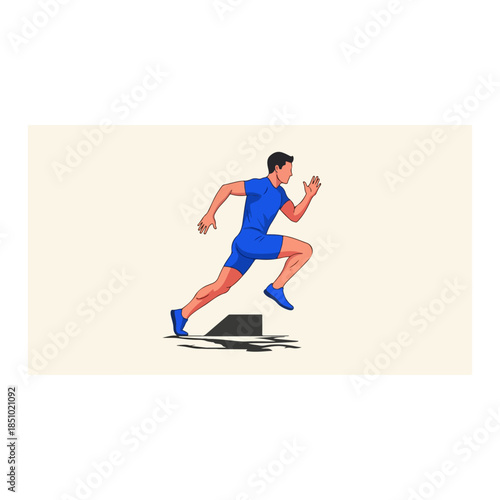 Blue sprinting athlete in mid stride.