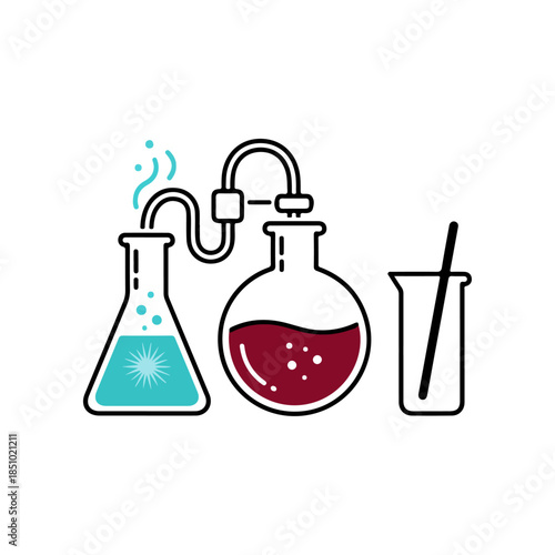 Chemistry laboratory glassware with flasks beaker and test tube.