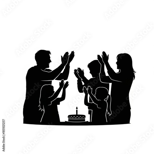 Silhouette of a family celebrating a birthday with a cake together