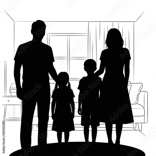 Family standing together in a living room with a window