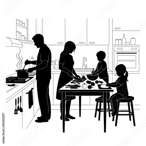 Family cooking together in a kitchen with a table full of food
