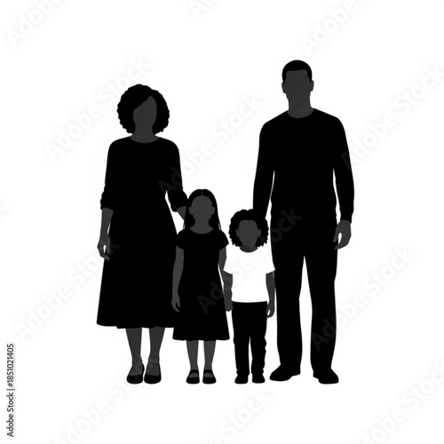 Silhouette of a family with two parents and two children standing together
