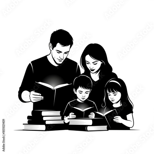 Family reading books together in a happy moment