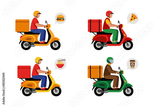 Food delivery service courier riding scooter illustration set