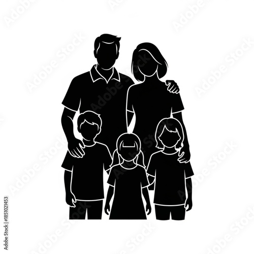 Black silhouette of a family with two parents and two children standing together
