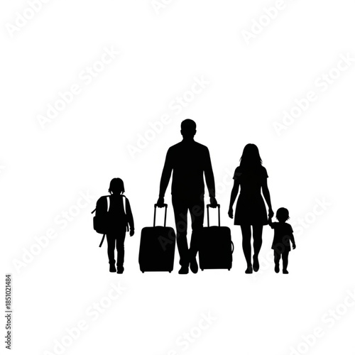 Silhouette of a family with luggage walking together