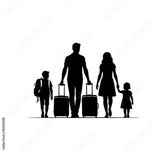 Silhouette of family with luggage walking together