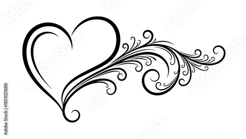 Stylish black heart outline with decorative flourish element on a clean white background