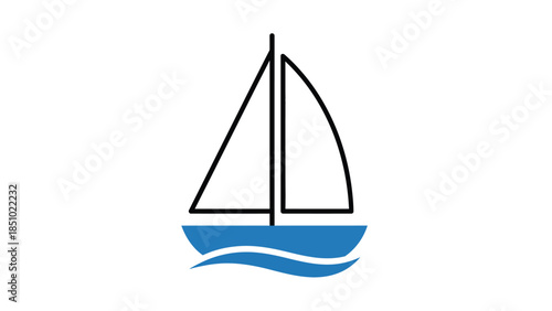 Simple Line Drawing of a Sailboat on Blue Waves.