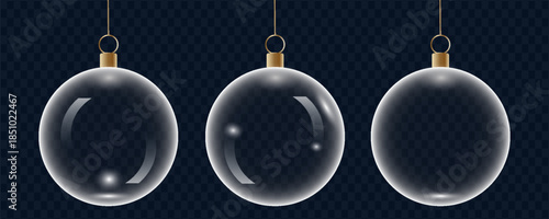 Glass bauble set. 3D transparent Christmas balls hanging for Christmas and New Year celebrations. vector illustrations.eps10