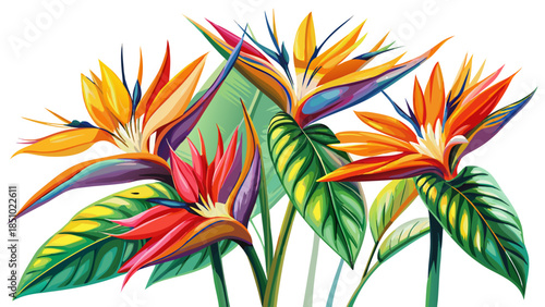 Very beautiful exotic strelitzia flowers painted in watercolor on a clean white background, showcasing vivid tropical tones, graceful petals, and refined botanical artistry.