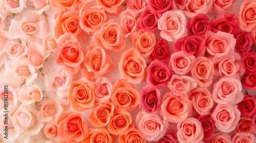 Pink and coral rose flower background pattern top view