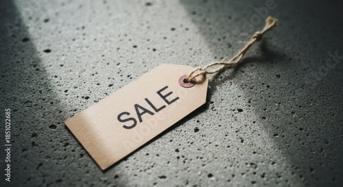 Sale tag on textured surface, angled lighting creating shadows