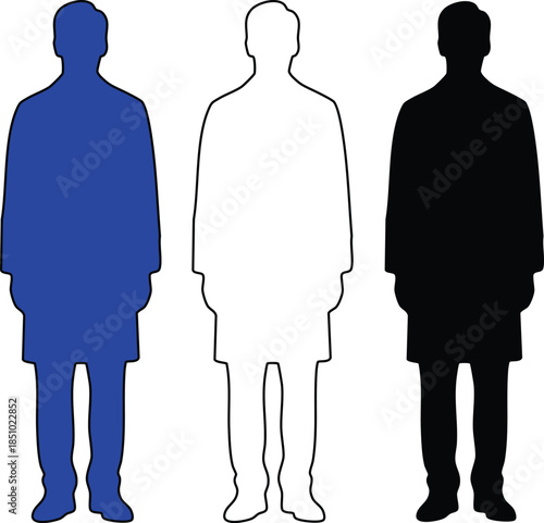 Three human silhouettes in blue black and white colors standing upright