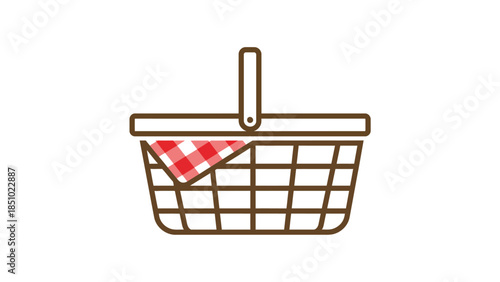 Simple Picnic Basket with Red Gingham Cloth Illustration.
