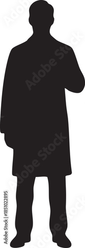 a man in a coat standing with one arm bent at the elbow