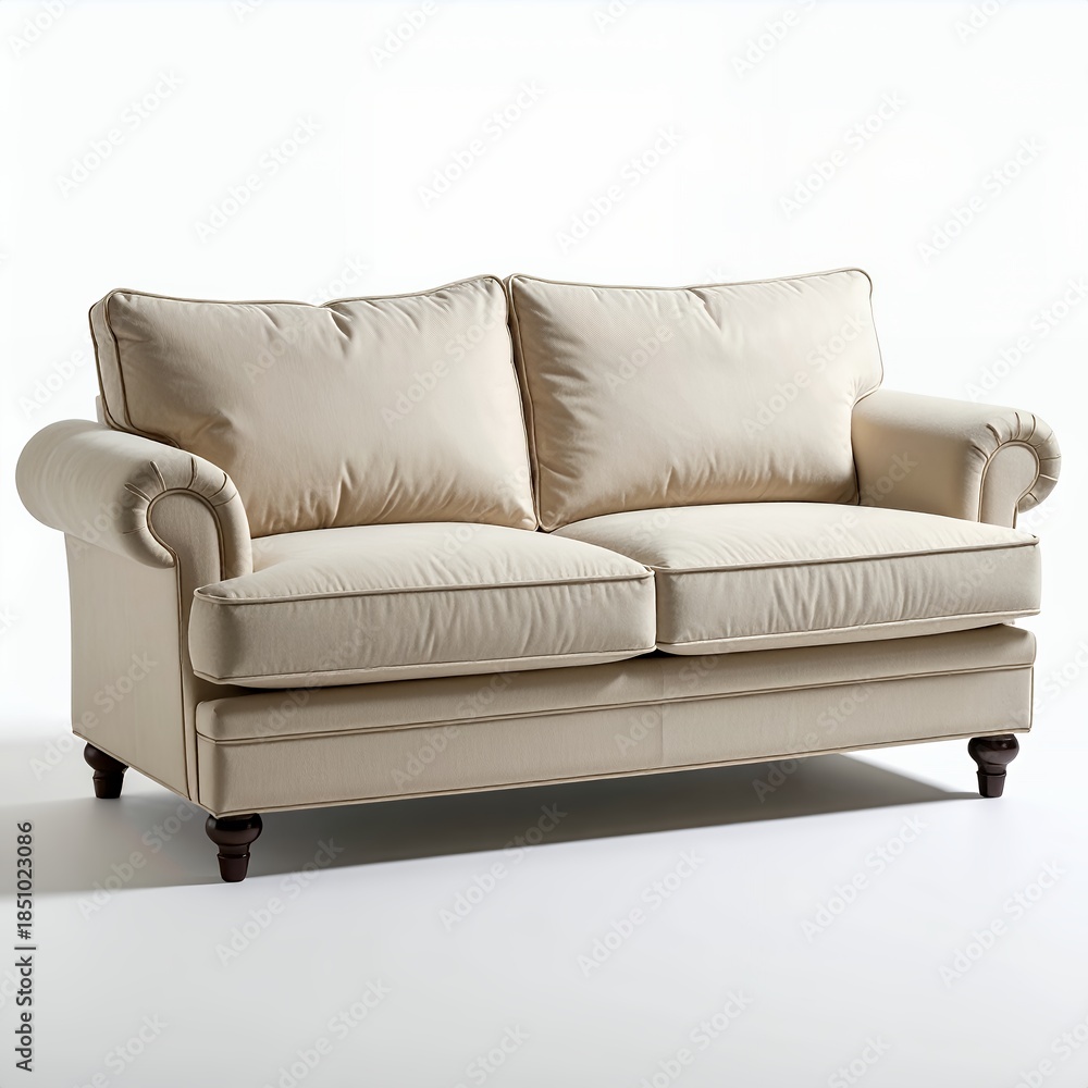 Fototapeta premium Elegant cream sofa with plush cushions against a clean white background backdrop