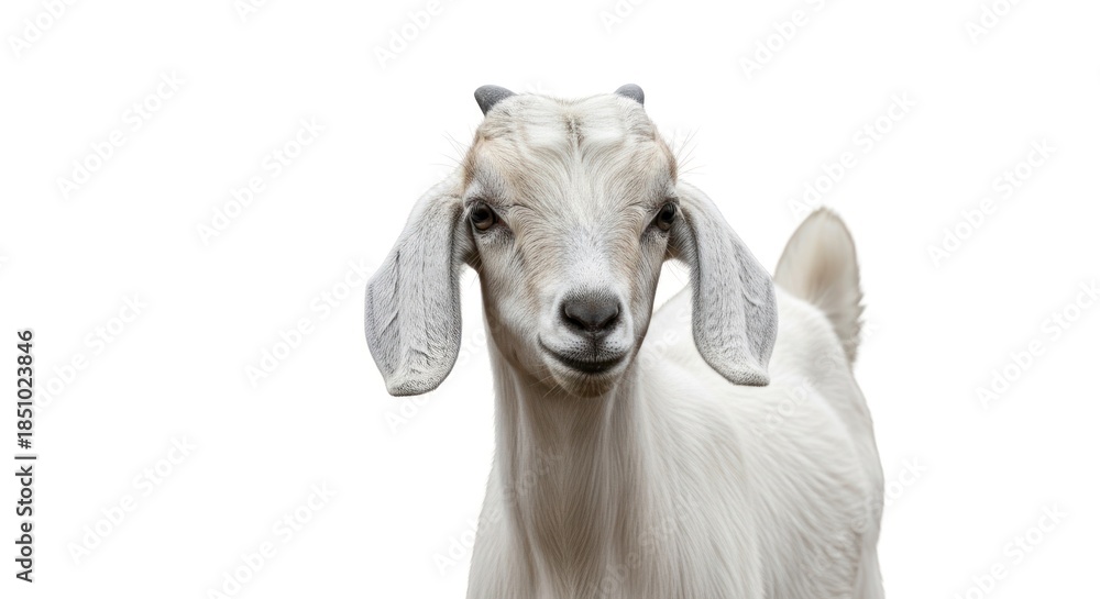 Obraz premium White goat with short horns, large ears, staring forward on a plain background