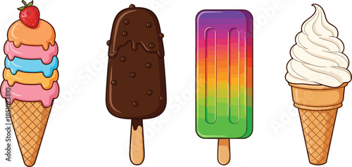 Colorful ice cream and popsicle vector set featuring chocolate bar rainbow fruit lolly soft serve cone and strawberry scoop.
