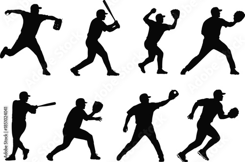 Baseball player silhouette action set with batting throwing catching and running poses sports black vector illustration