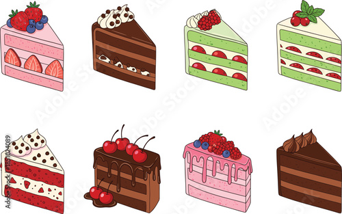 Colorful cake slice collection with chocolate strawberry berry and cream desserts cute flat vector illustration set