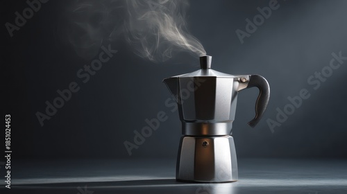 A stovetop moka pot releasing steam, set against matte background. Metal polished, reflections sharp but controlled. Steam wisps rise